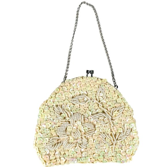 Flapper Beaded Sequined Evening Bag Kiss Clasp VTG Purse Silver Chain Strap - Picture 2 of 12